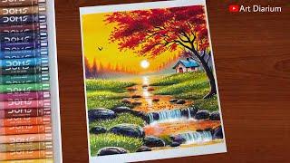 Realistic Autumn Nature Scenery drawing with Oil Pastels - Step by Step