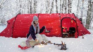 Solo snow camping  in a hot tent with a wood stove -20°C extreme cold l ASMR