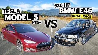 Electric vs V8! Tesla Model S drag races an LS-swapped BMW E46 // THIS vs THAT