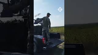 Moment Ukrainian air defences down Russian missile in front of gun team