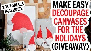 Easy Gnome Napkin Decoupage Canvas and Reverse Canvas Dollar Tree Craft - Giveaway Closed