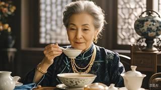 Old lady sips soup. Maker is daughter.