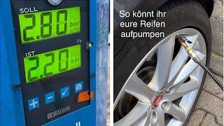 Reifen richtig aufpumpen - Reifen an der Tankstelle aufpumpen-Reifendruck ändern mit digitaler Pumpe