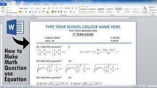 How to make Math Question in Ms word using Microsoft Equation | Type Math Question | Word Tutorial