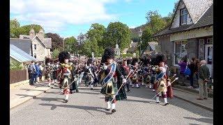 Braemar Gathering 2017 - Massed Pipe Bands Bands Parade through village to the highland games in 4K