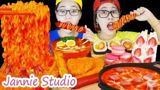 ASMR Tokbokki, Noodles spicy, Strawberry cream cake, Kimbap 떡볶이, 매운면, 딸기 크림 케이크, 김밥 | Jannie Studio