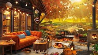 Autumn Cozy Sunrise in Porch Forest Ambience with Falling Leaves, and Relaxing Fall Sounds