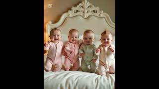 "Four babies dancing on a bed, joyfully moving with playful expressions."