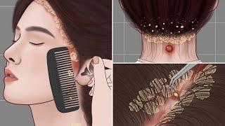 ASMR dead skin explosion! Big Flakes Dandruff Scratching Animation| Head Lice | sebaceous cyst