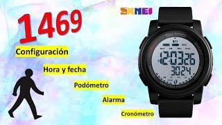 SKMEI 1469 manual español | Ajuste de hora fecha podómetro alarma cronometro y revisión