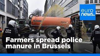 Watch: Angry farmers block streets, dump manure and clash with police in Brussels | euronews 