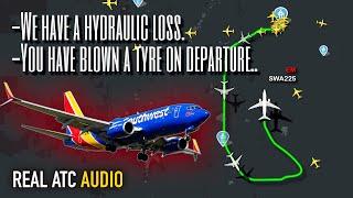 Blown tyre lead to Emergency landing with hydraulic leak. Southwest Boeing 737. REAL ATC