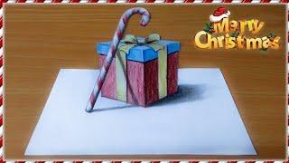 How to draw 3D Christmas Gift box / 3D giftbox pencil drawing | easy step by step drawing |Christmas