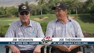 Jim McMahon and Joe Theismann are playing as team football at 2023 Ace Shootout