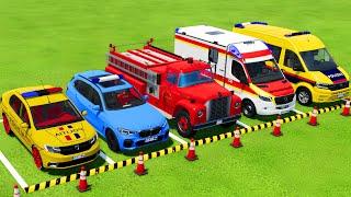 TRANSPORTING POLICE CARS, AMBULANCE, FIRE DEPARTMENT VEHICLES WITH TRUCKS ! Farming Simulator 22