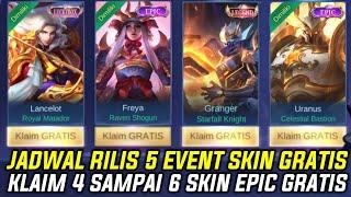 KLAIM 4 SAMPAI 6 SKIN EPIC GRATIS - UPDATE JADWAL RILIS 5 EVENT SKIN GRATIS MLBB TERBARU 2024