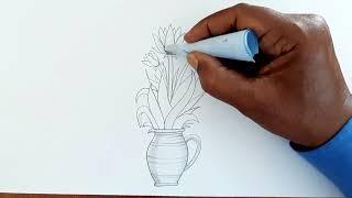 How to Draw Flowers With Vase | Flower pot Drawing very Easy Way | Jakkani Drawing academy