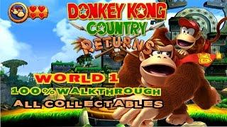 DK Country Returns - World 1 - 100% All Kong Letters & Puzzle Pieces 60fps