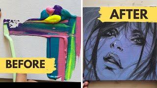 Abstract Girl Portrait | Acrylic Background & Charcoal Drawing Tutorial | ASMR