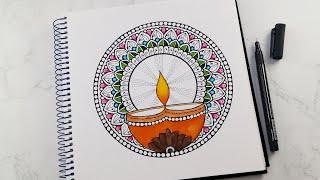 Diwali Mandala art for beginners | Easy Diya Mandala with colored pens | step by step