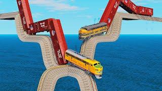 Double Trains vs Impossible Double Strair Rail Crossing - BeamNG.Drive