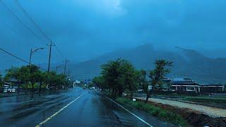 [4K. Rain Drive] Driving in the rain on a forested country road. Rural Forest Road