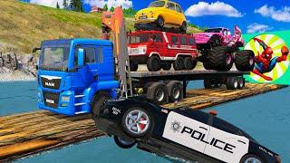 Double Flatbed Trailer Truck vs Speedbumps | Funny Cars vs Slide Color Beamng.Drive