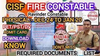 CISF FIRE MAN CONSTABLE CISF Fireman Documents List Official Out  CISF Fireman Document Test 2024