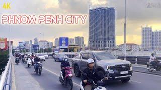 4K Evening Scene of Phnom Penh City Chroy Changvar Areal Drive Tour