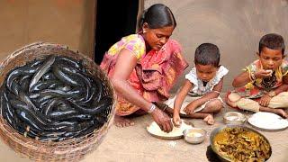 A santali tribe mother cooking small fish curry recipe for her children's || bengali community life