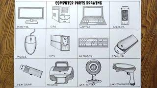 Computer parts drawing easily for School project/ How to draw computer parts step by step so easy