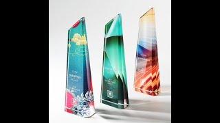 Glass trophy with color printing on the backside