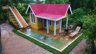 Building Water Slide into Outdoor Private Swimming Pool Around A House in forest