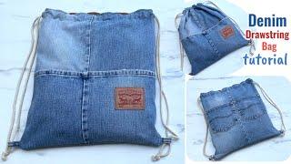 I turned an old pair of jeans into a new drawstring backpack ,drawstring bag tutorial from old jeans