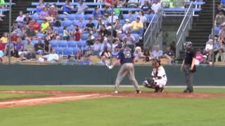 Fayetteville Swampdogs vs. Columbia Blowfish: Tyler Moore's hard line drive out to right center.