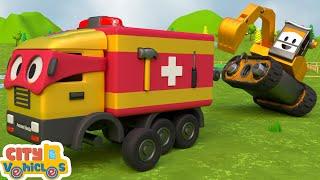 Harvester Overheat accident-super Fire truck rescue it- Bulldozer, Excavator ,Wheel Loader for Kids.