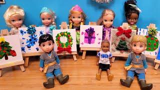 Christmas kids painting fun ! Elsa & Anna toddlers - Barbie dolls