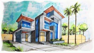 HOW TO DRAW 2 POINT PERSPECTIVE OF A MODERN HOUSE.