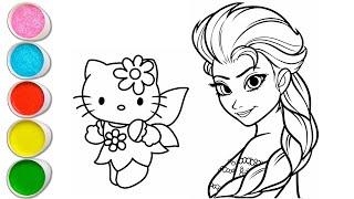 Elsa Frozen And Hello kitty Drawing for kids, Painting & Coloring for kids, Toddlers | Easy to Draw