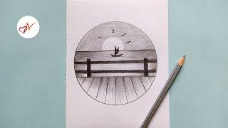 How to draw river view scenery from wooden bridge | Pencil sketch drawing