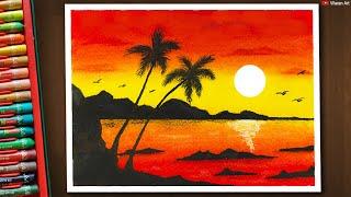 How to Draw Easy and Beautiful Sunset using Oil pastels / basic beginners drawing tutorials