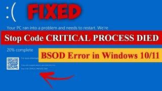 Stop Code CRITICAL PROCESS DIED | BSOD Error in Windows 10/11 [100% Fixed] #bluescreen