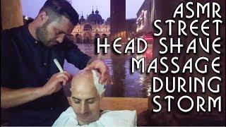  Street Barber Head Shave in Venice with Massage during storm - razor - ASMR no talking 2#