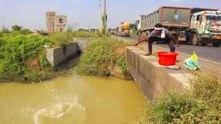 Fishing Video || Traditional Boy hunting lots of fish in a canal beside the national highway