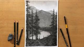 Graphite Pencil Drawing of a Lake - Landscape Drawing