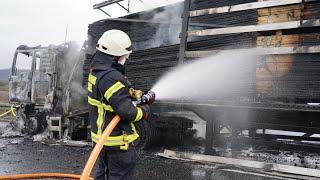 Holz-LKW auf A44 bei Kassel in Vollbrand 30.01.2025