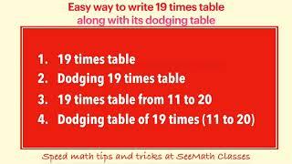 19 times table and its dodging table in a easy way @SeeMathClasses