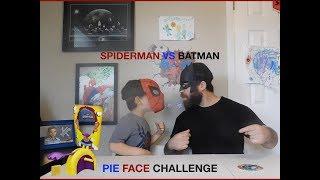 Pie Face challenge game! Batman vs. Spiderman! See who wins!