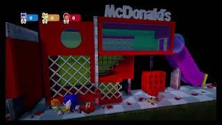 Sonic, Tails and Knuckles escaping from Ronald of McDonald's.
