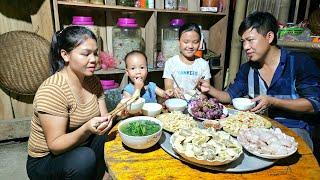 A small family harvests bamboo shoots goes to the market to sell & cooks a happy family meal